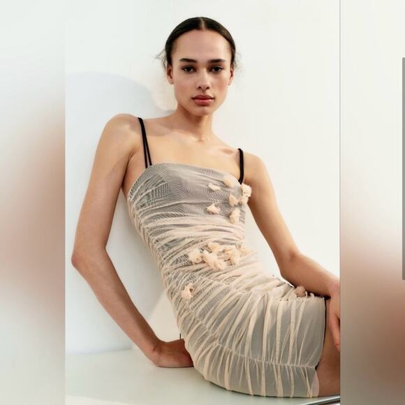 Zara Double Strap Beige Tulle Dress with Floral Accents Small - Picture 4 of 15